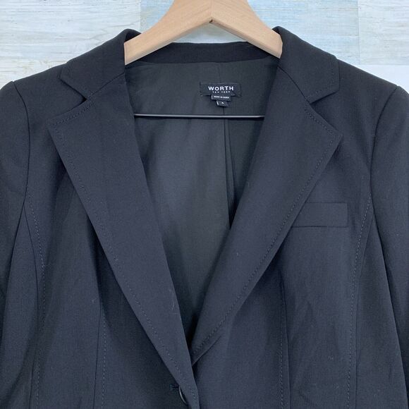 Worth Wool Ruffle Blazer Jacket Black Ruffle Hem Pockets Lined Cropped Womens 4 - Picture 2 of 8